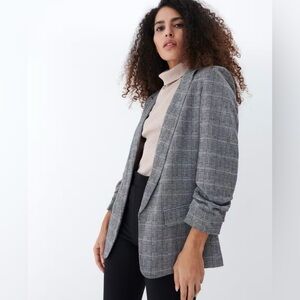 Women's Classic Gray Plaid Blazer 3/4 Sleeve